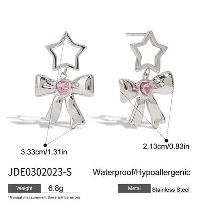 18K Gold Silver Star Pink Jewel Bow Statement Stud Dangle Earrings