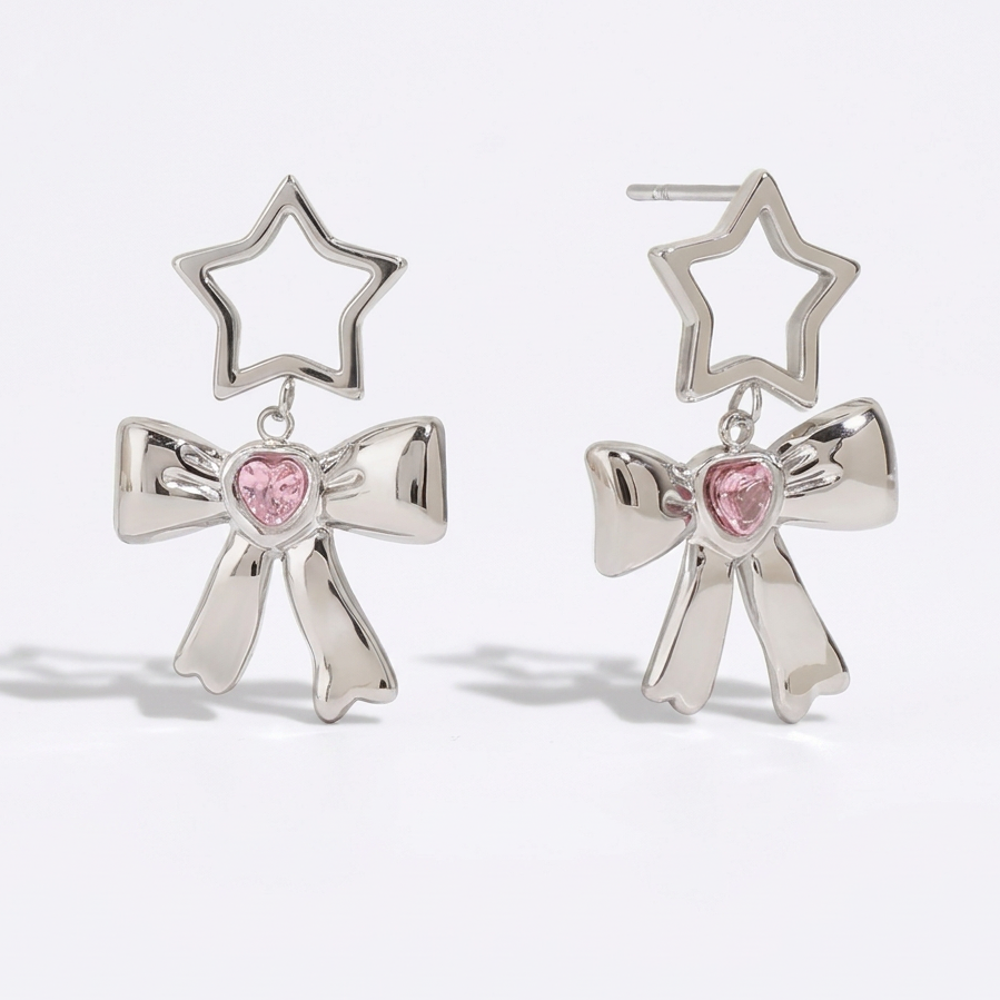 18K Gold Silver Star Pink Jewel Bow Statement Stud Dangle Earrings