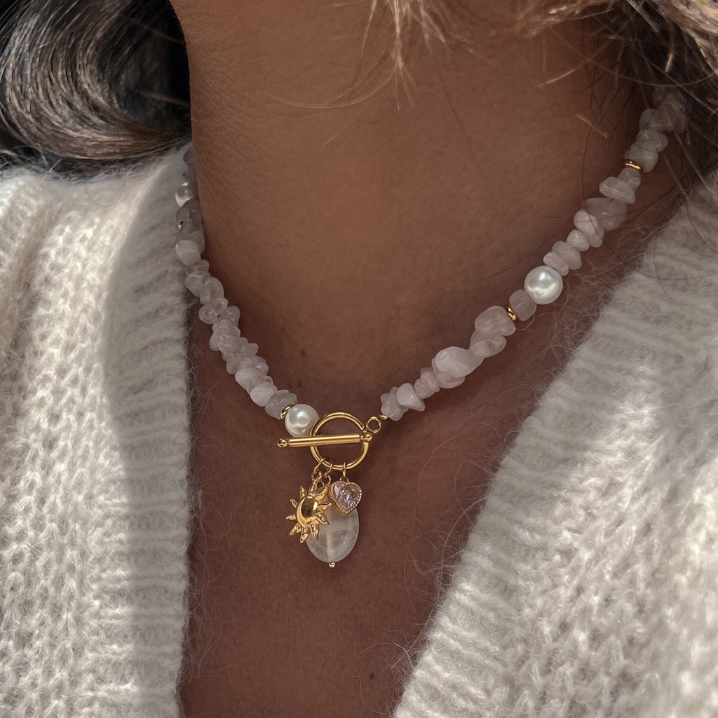 18K Gold Island Charm Natural Stone Beaded Necklace