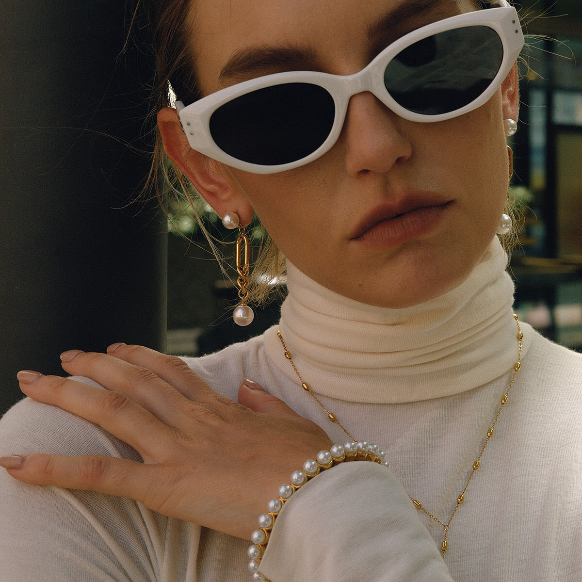 18K Gold Champagne Problems Pearl Chain Drop Dangle Earrings