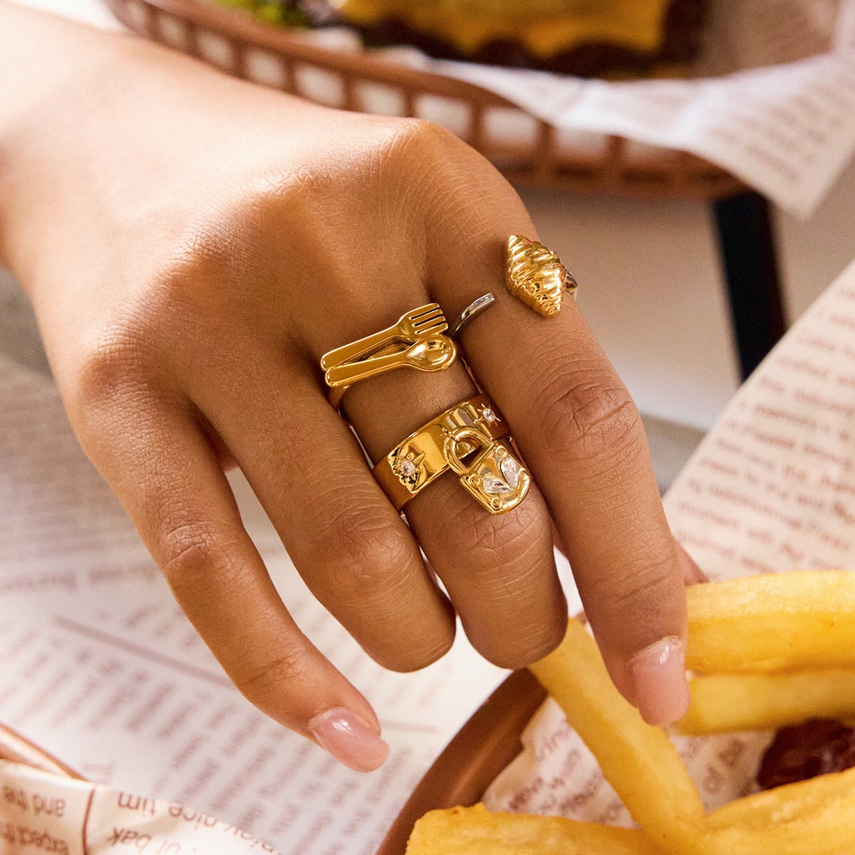 18K Gold Heart Locked Charm Statement Band Ring