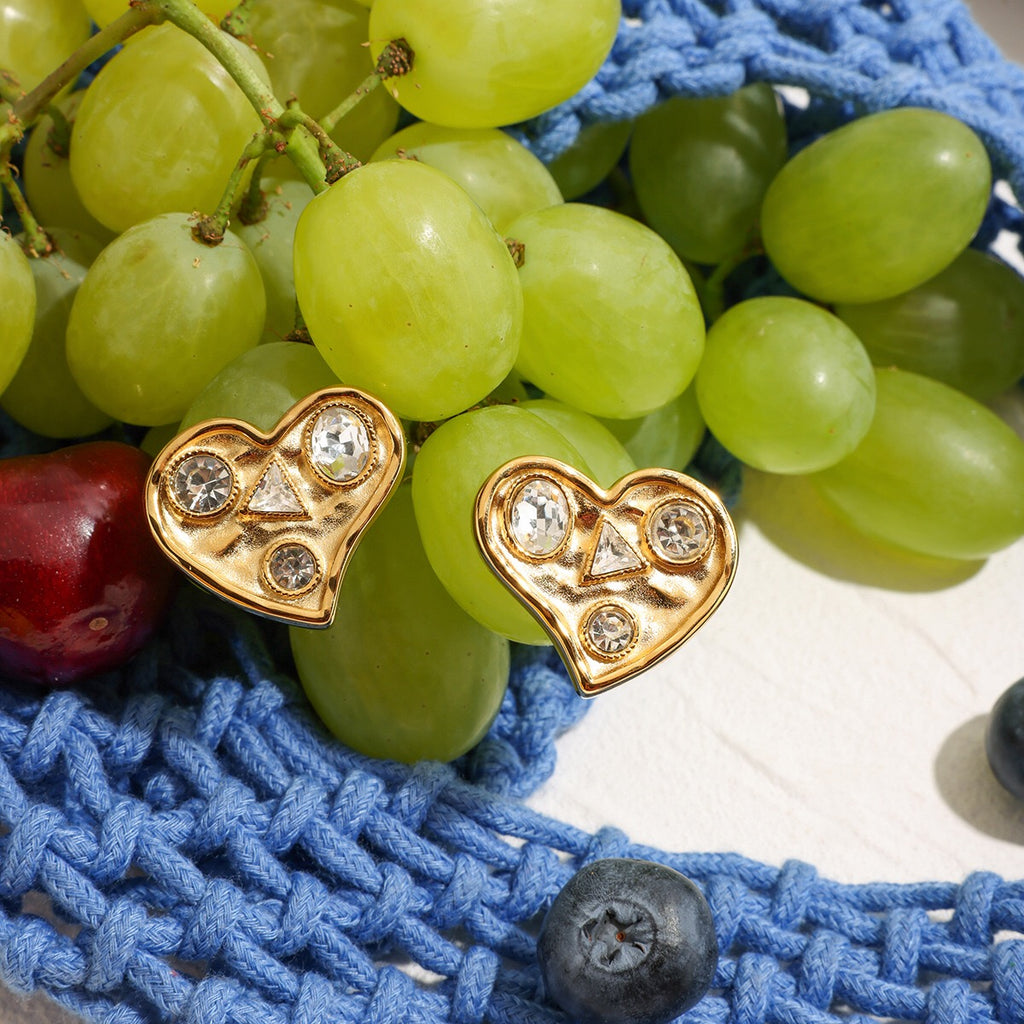 18K Gold Bold Heart CZ Statement Stud Earrings