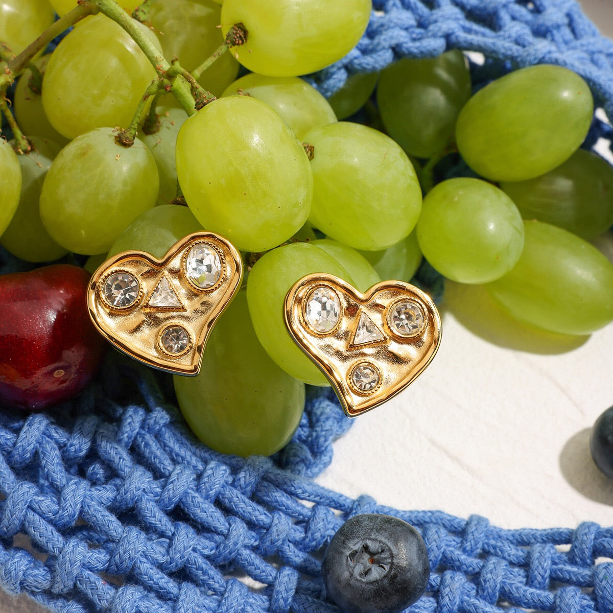 18K Gold Bold Heart CZ Statement Stud Earrings