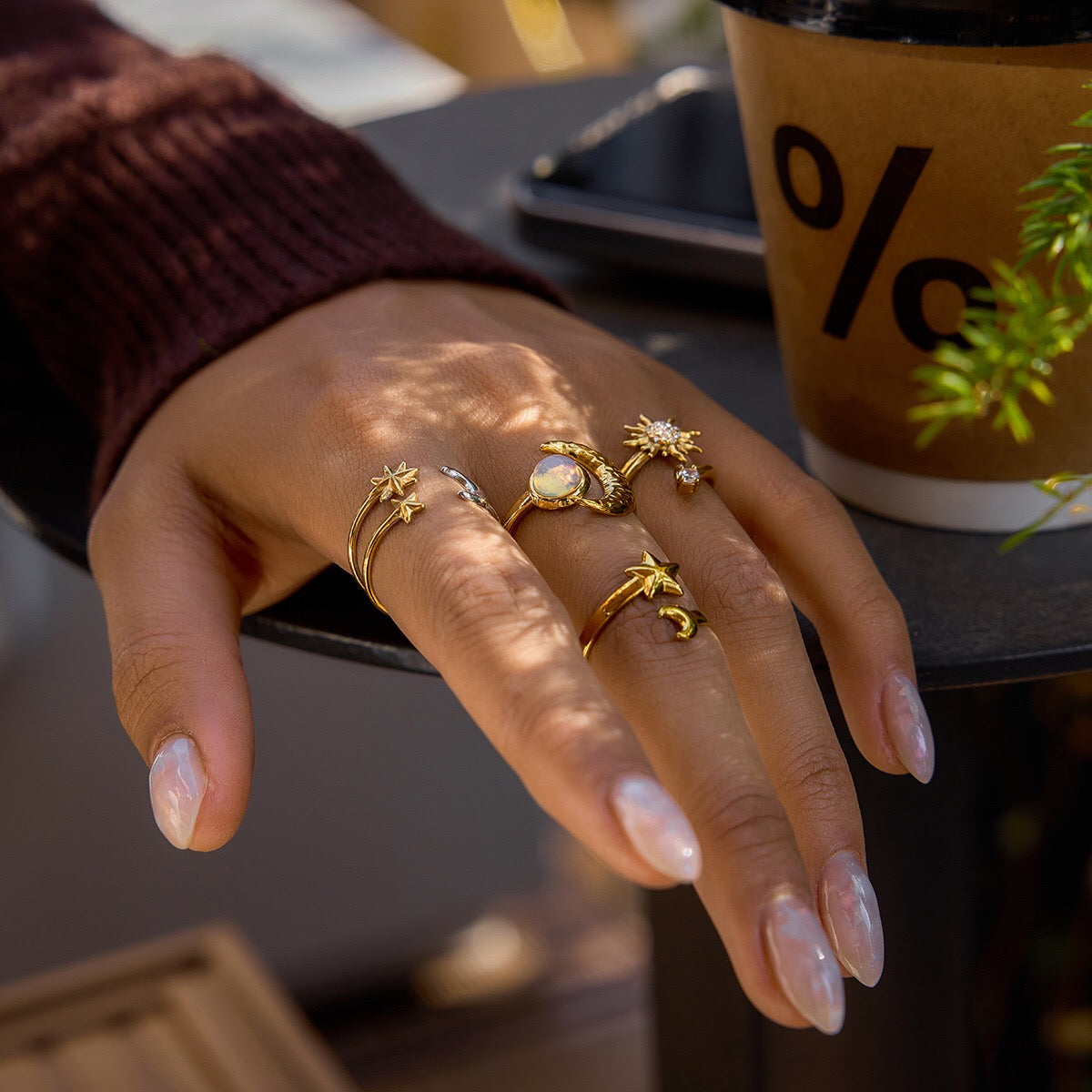 18K Gold Celestial Affair Sun and Moon Opal Statement Ring