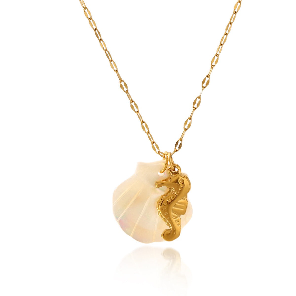 18K Gold Mother of Pearl Seashell Ocean Charm Pendant Necklace