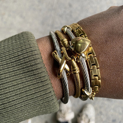 18K Gold and Silver Two Tone Heart Charm Bangle Bracelets