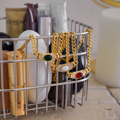 18K Gold Empire Gemstone Cuban Link Chain Statement Necklace