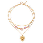 18K Gold Heart Pendant Gemstone Beaded Herringbone Snake Chain Layered Necklace Set