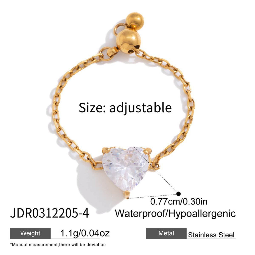 18K Gold Spark Drop Heart Clover Flower Adjustable Chain Ring