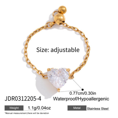 18K Gold Spark Drop Heart Clover Flower Adjustable Chain Ring