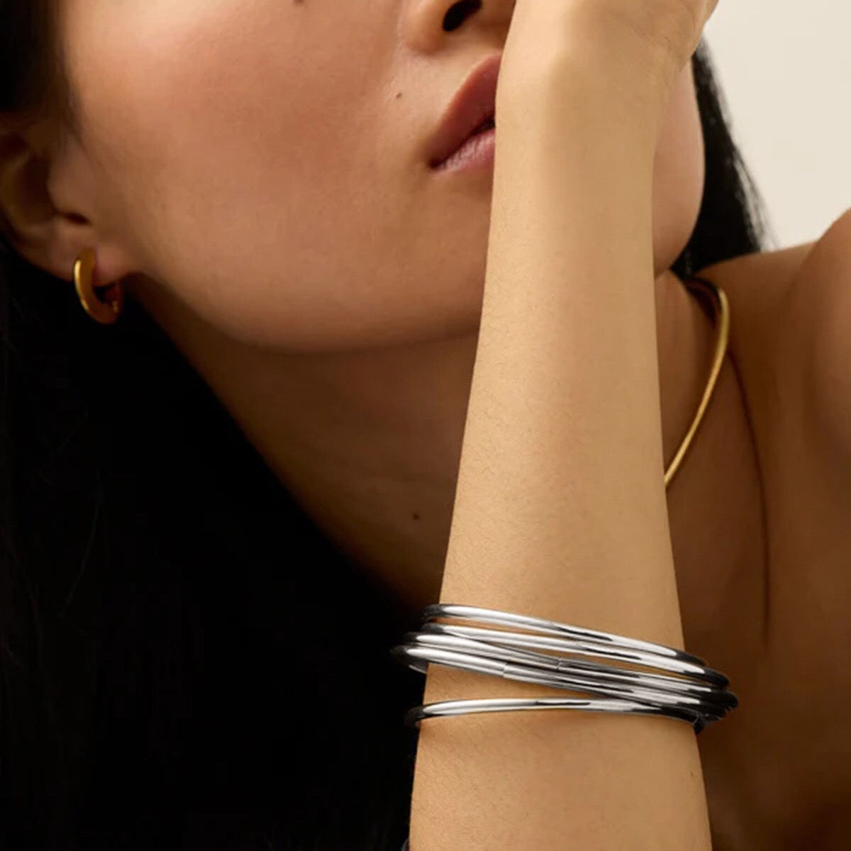 18K Gold and SIlver Two Tone Minimalist Slim Bangle Bracelet Stack
