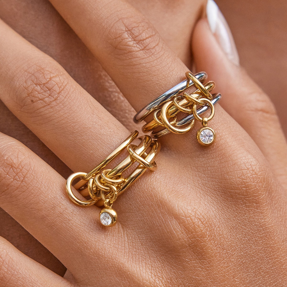 18K Gold and Silver Two Tone Bejeweled Multi Layers Spinelli Stacking Rings