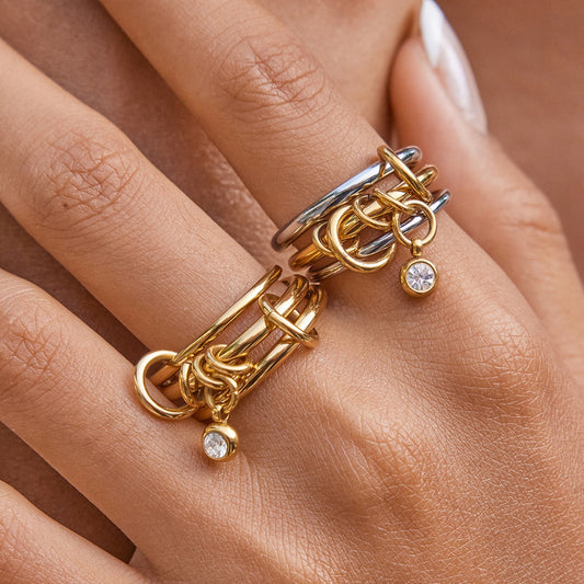 18K Gold and Silver Two Tone Bejeweled Multi Layers Spinelli Stacking Rings