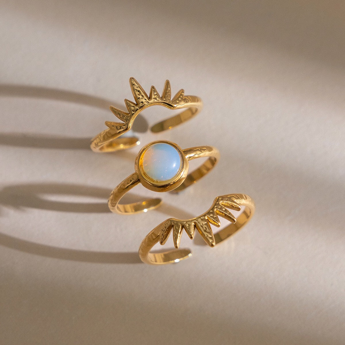 18K Gold Solar Kiss Sunburst Opal Statement Stacking Rings