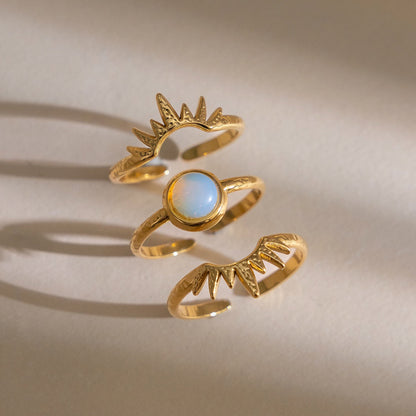 18K Gold Solar Kiss Sunburst Opal Statement Stacking Rings