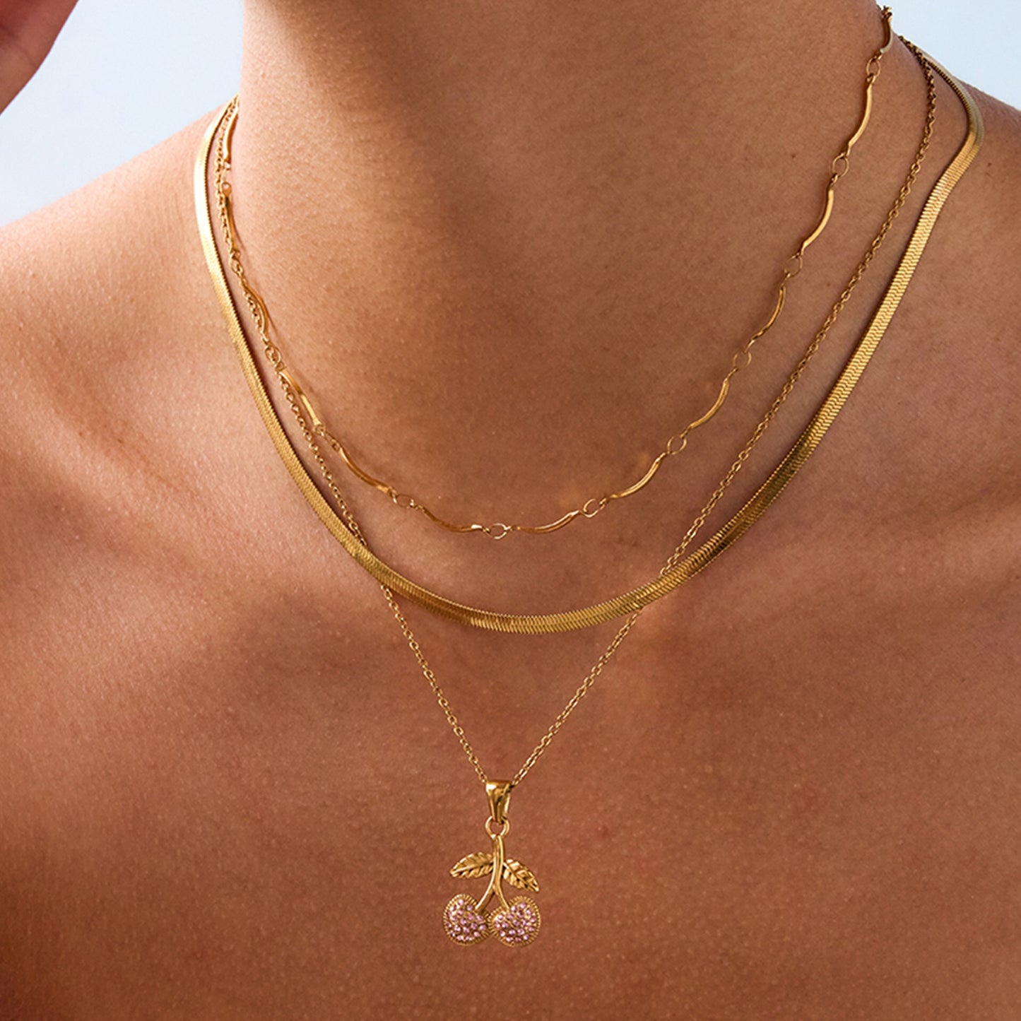 18K Gold Pink Cherry Pendant Herringbone Chain Layered Necklace Set