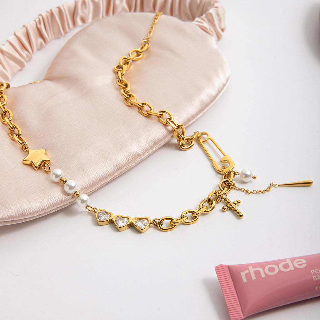 18K Gold Y2K Safety Pin Heart Pearl Cross Chain Necklace