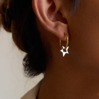 18K Gold and Silver Two Tone Shiny Star Dangle Huggie Earrings