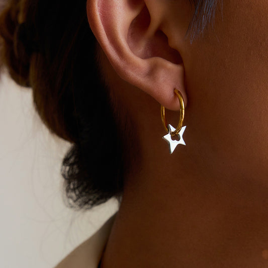 18K Gold and Silver Two Tone Shiny Star Dangle Huggie Earrings
