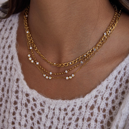18K Gold Cosmic Glow Paperclip Curb Chain Layered Necklace Set