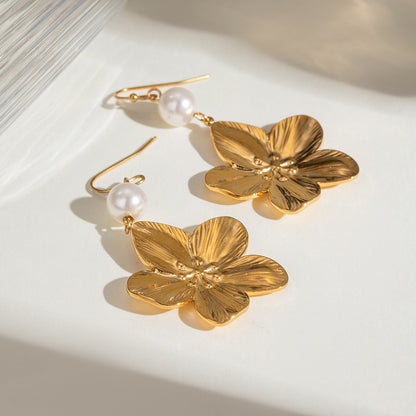 18K Gold Tropical Flower Pearl Dangle Earrings