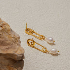 18K Gold Safety Pin Pearl Statement Dangle Stud Earrings
