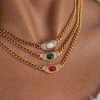 18K Gold Empire Gemstone Cuban Link Chain Statement Necklace