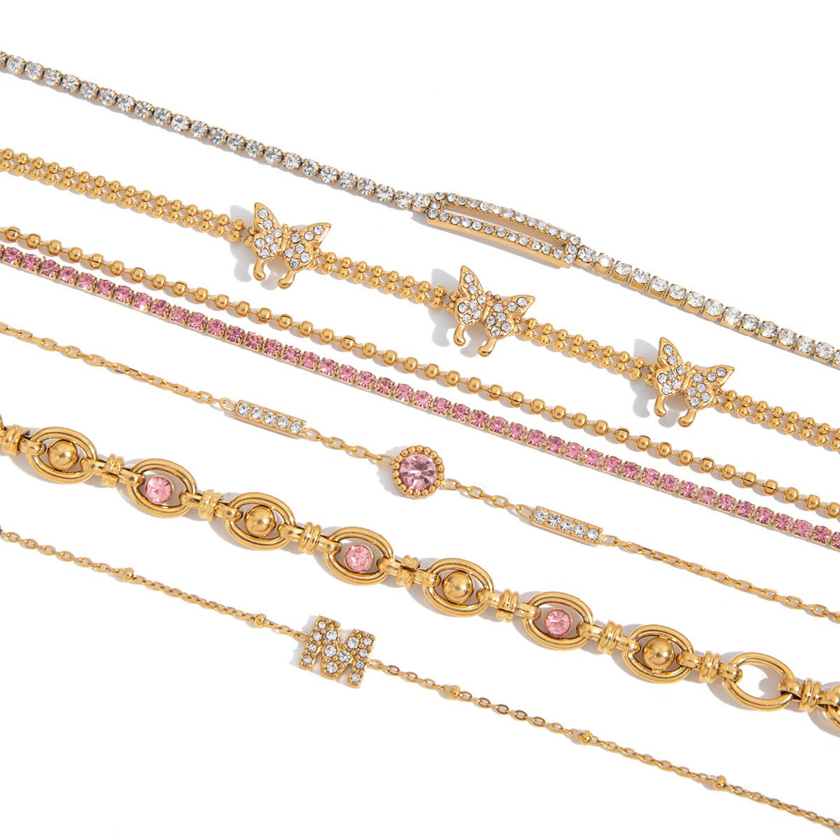 18K Gold Luxury Pink Butterfly Dainty Tennis Chain Bracelet Stack
