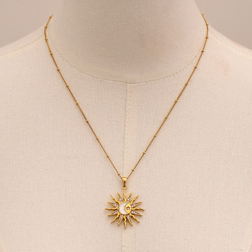 18K Gold Bright Sun Pendant Statement Long Necklace