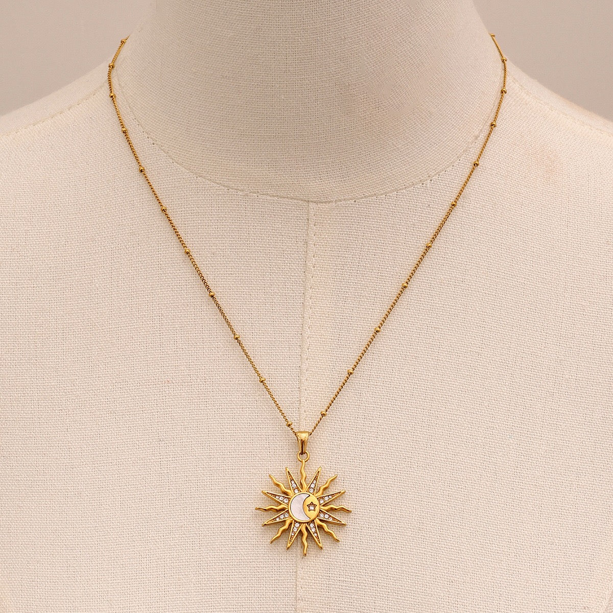 18K Gold Bright Sun Pendant Statement Long Necklace