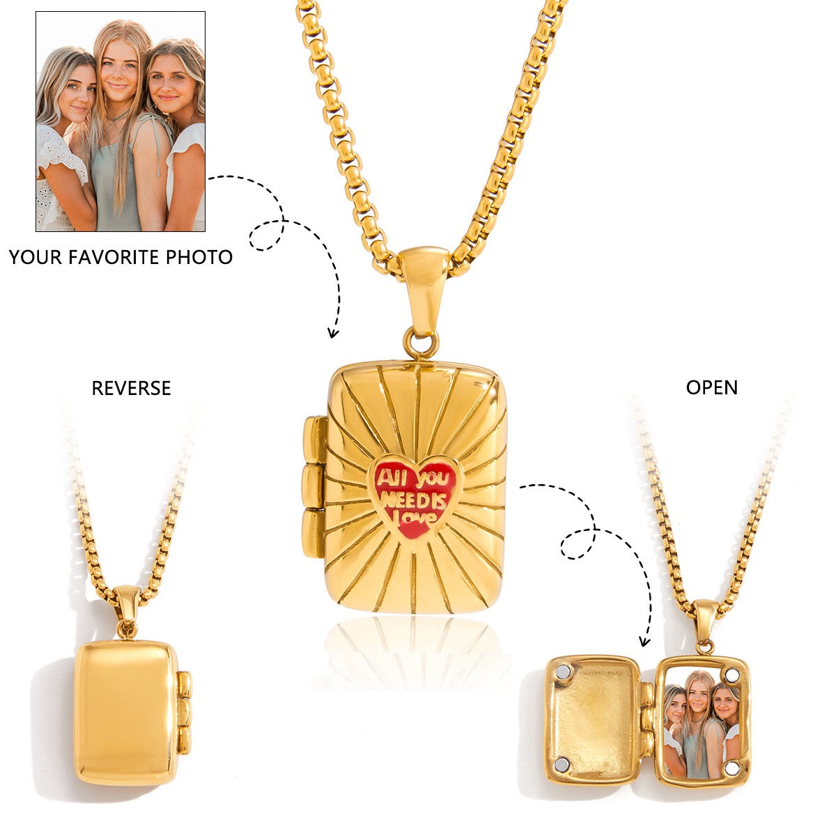 18K Gold Keepsake Heart Book Locket Pendant Box Chain Necklace