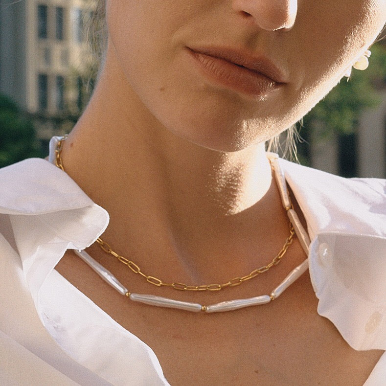 18K Gold Elegance Long Paper Clip Chain Layered Necklace Set