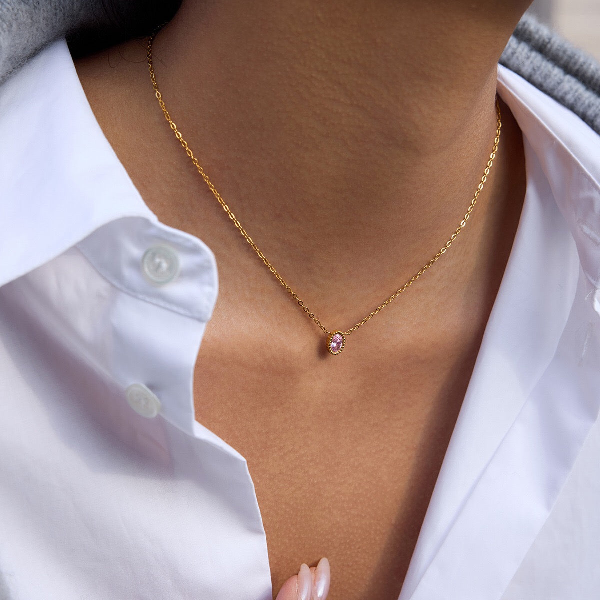 18K Gold Subtle Pink Dainty Bezel Pendant Necklace