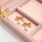 18K Gold Lace Bow Dangle Pearl Cute Stud Earrings