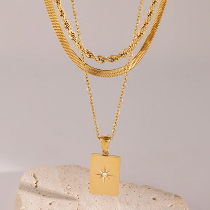 18K Gold Starburst Pendant Herringbong Snake Rope Chain Layered Necklace