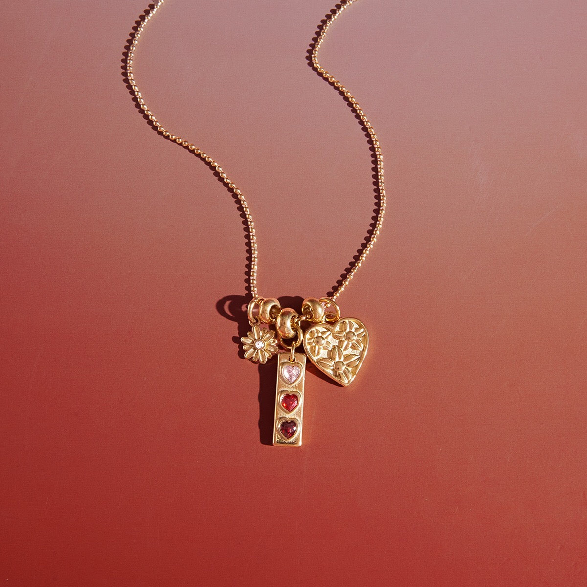 18K Gold Love in Bloom Pink Heart Flower Pendant Charm Necklace