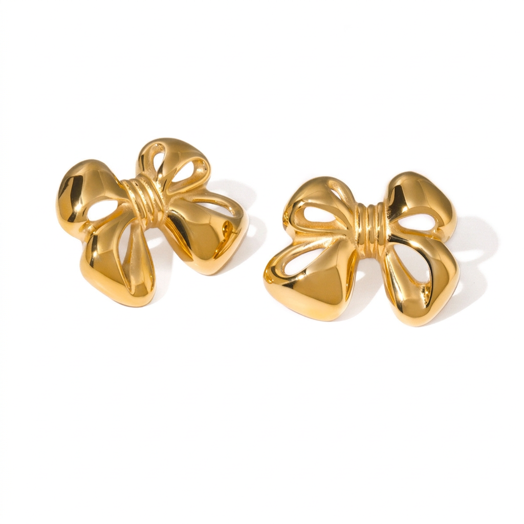 18K Gold Bow Stud Earrings & Pendant Neckace & Statement Ring Set