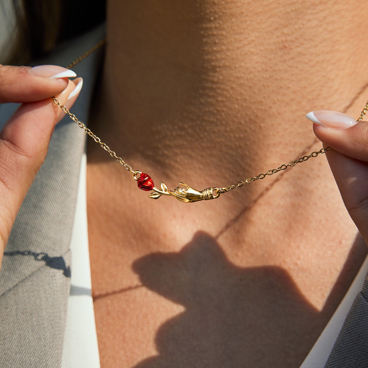 18K Gold Confession Red Rose Pendant Necklace