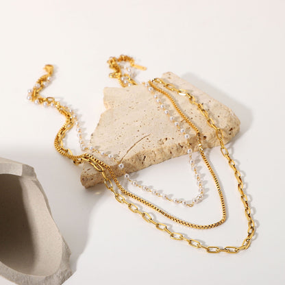 18K Gold Paperclip Box Chain Pearl Layered Necklace