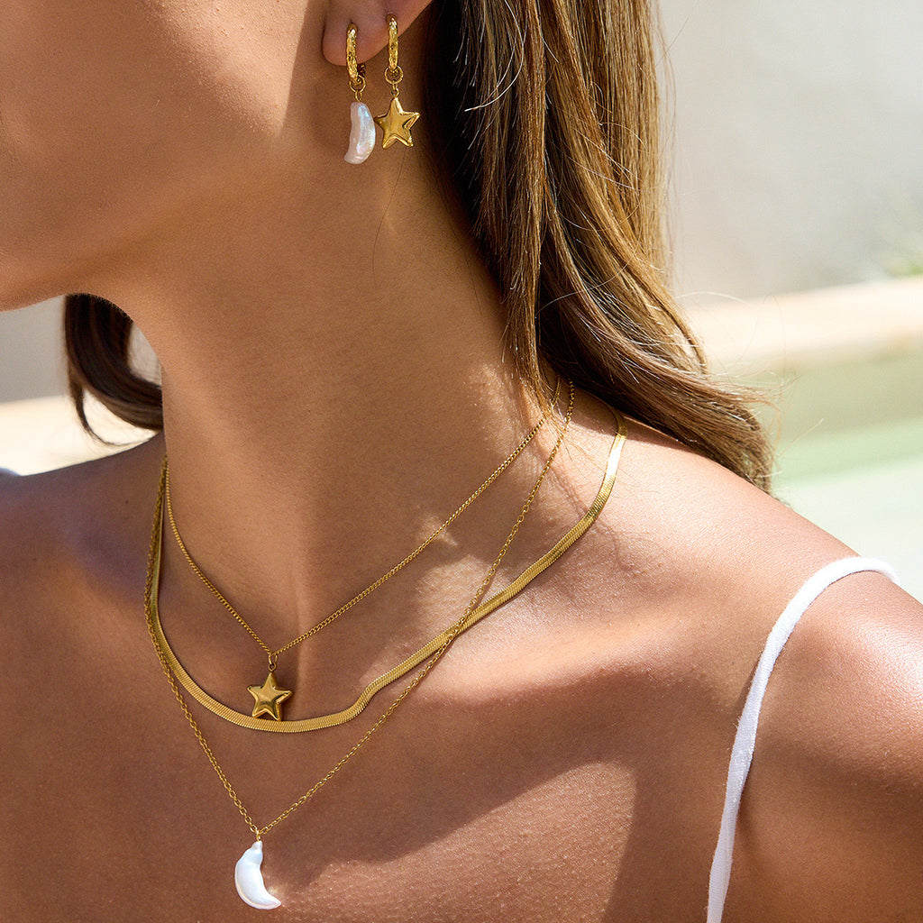 18K Gold Celestial Dream Star Pendant Pearl Moon Herringbone Chain Layered Necklace Set