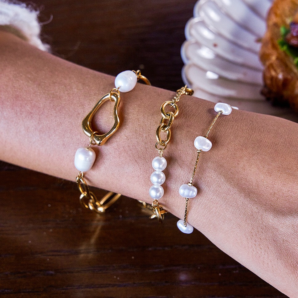 18K Gold Golden Form Pearl Paperclip Chain Bracelet Stack