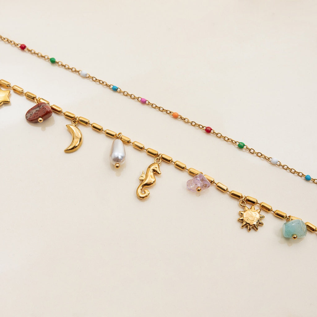18K Gold Summer Memory Color Charm Double Chain Layered Necklace Set