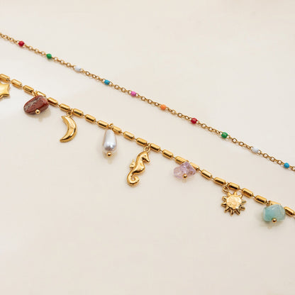 18K Gold Summer Memory Color Charm Double Chain Layered Necklace Set