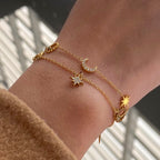 18K Gold Moon and Star Celestial Charm Chain Bracelet