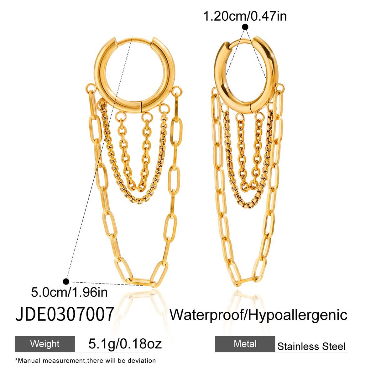 18K Gold Chic Chain Small Hoop Dangle Huggie Earrings