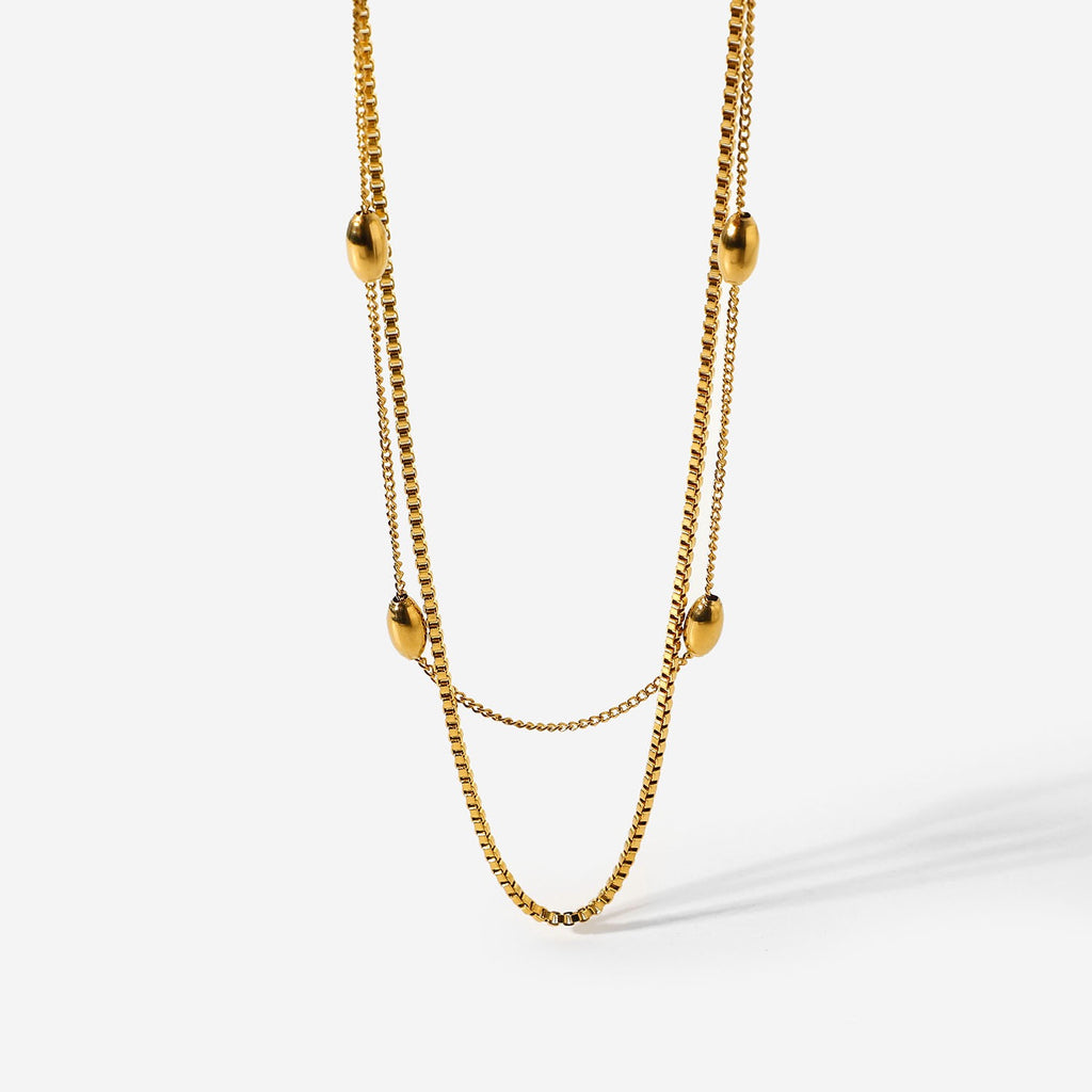 18K Gold Box Chain Beaded Layered Necklace Set