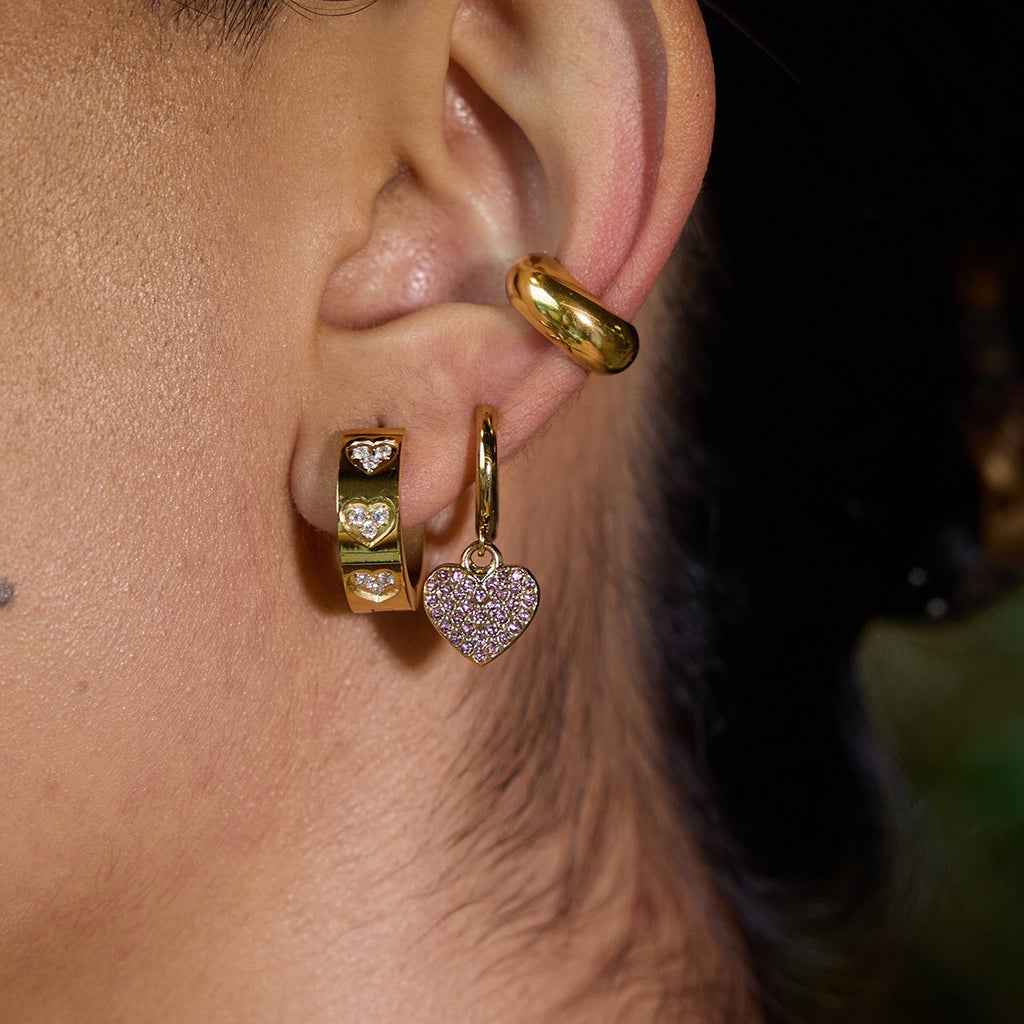 18K Gold Affection Pave Heart Dangle Small Hoop Huggie Earrings