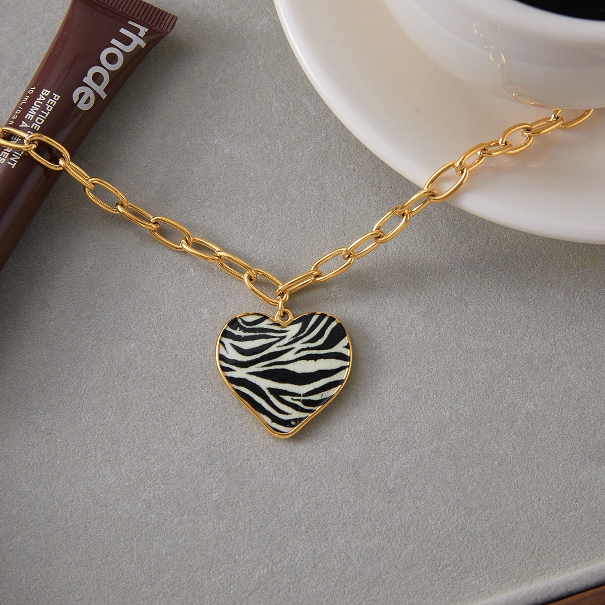 18K Gold Zebra Print Heart Pedant Paper Clip Chain Beaded Pearl Layered Necklace Set