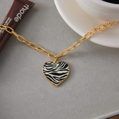 18K Gold Zebra Print Heart Pedant Paper Clip Chain Beaded Pearl Layered Necklace Set