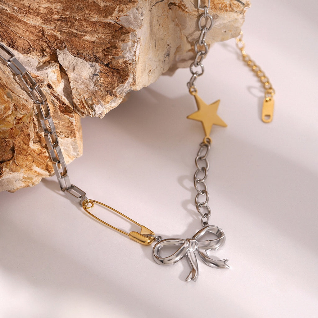18K Gold and Silver Starry Bow Pendant Pearl Safety Pin Chain Necklace